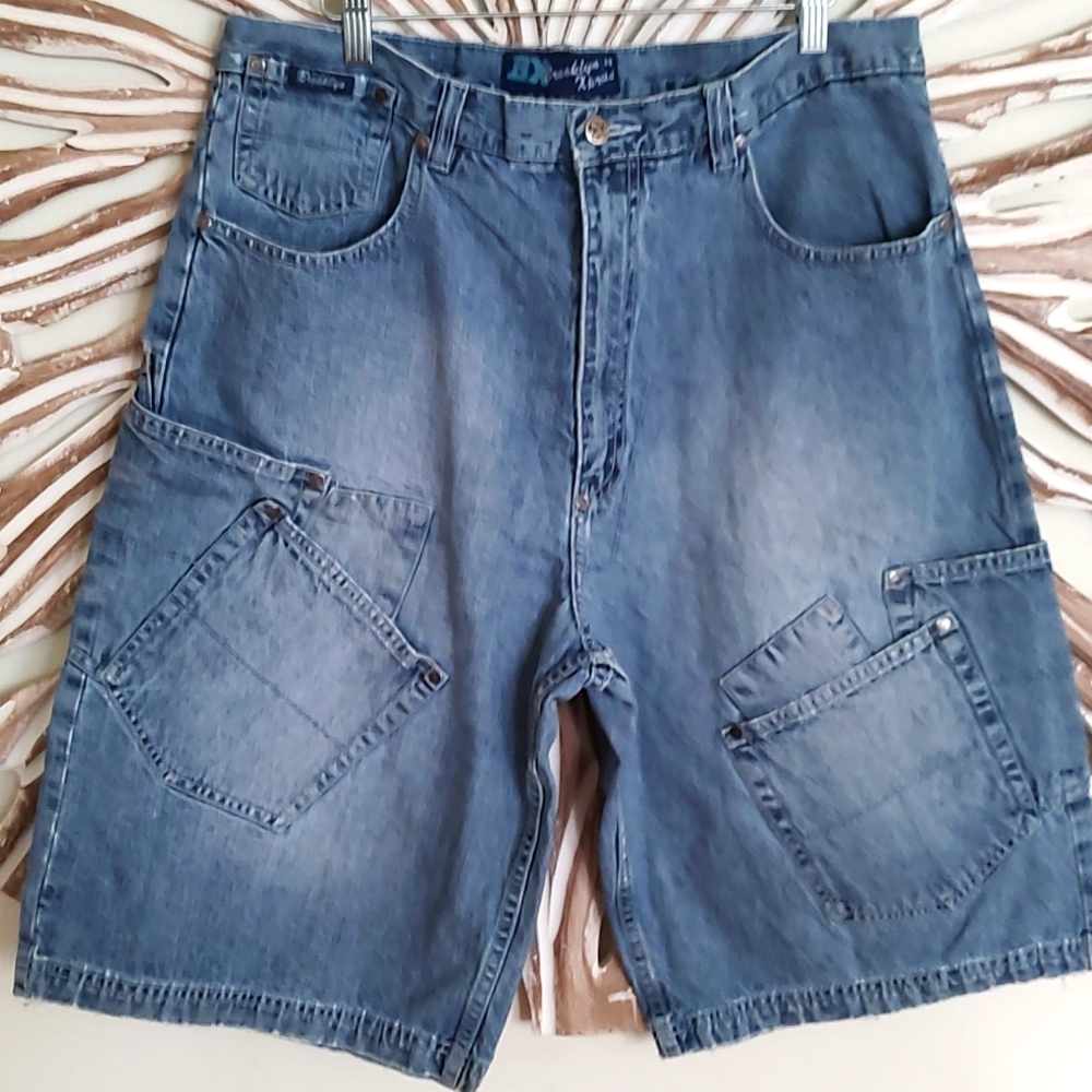 Brooklyn Xpress Light Blue Distressed Jean Cargo shorts sz 38 LOOSE FIT